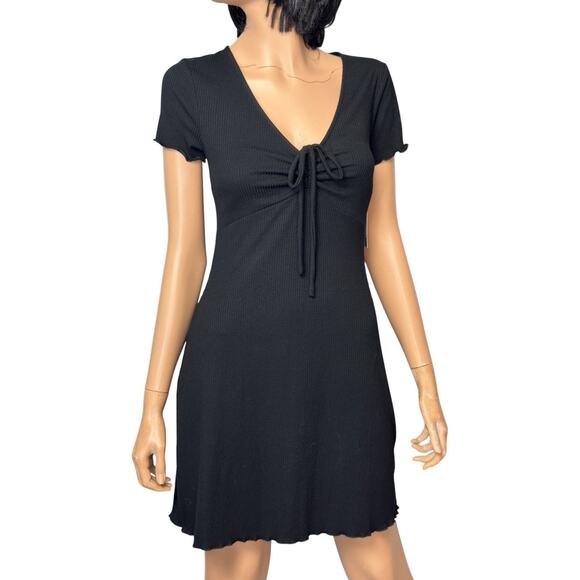 Black Mini Dress Babydoll Rib Knit Lettuce Edge Tie Front BP S Whimsigoth Retro - Picture 2 of 15